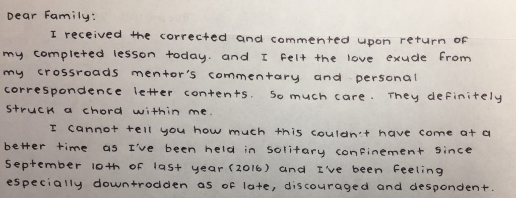 Crossroads Letter Offers Encouragement to Prisoner Locked in Solitary