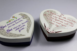 Bryan, a Crossroads student, created these heart-shaped boxes for the family of his former Crossroads mentor Betty, who passed away earlier this year.
